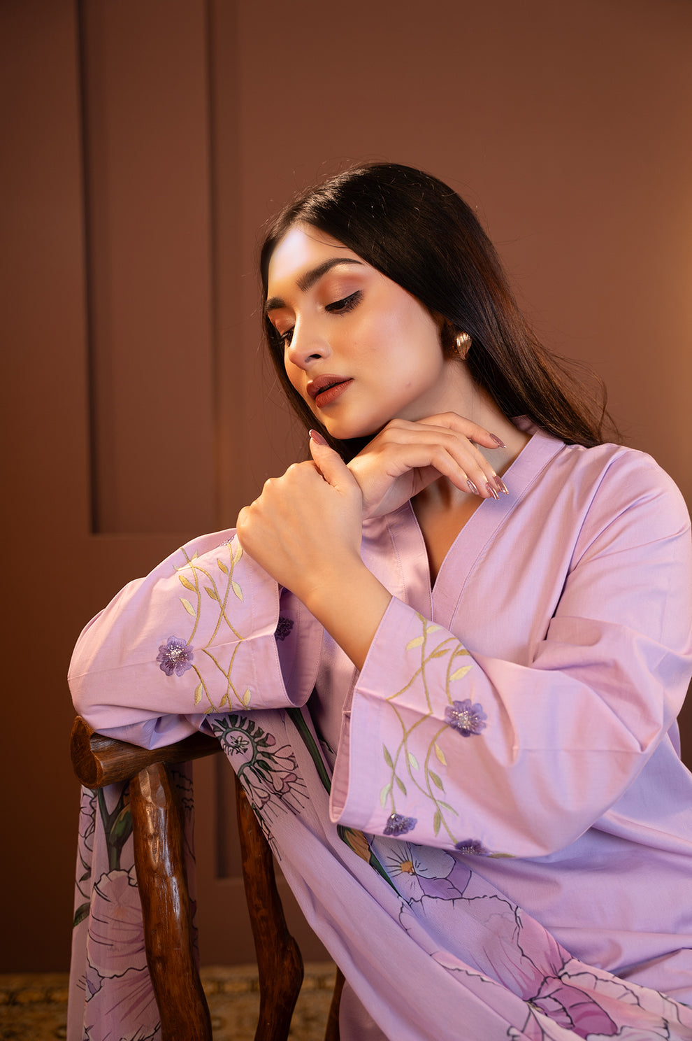 Nilofer - Lavender Embroidered Kurta with Printed Dupatta
